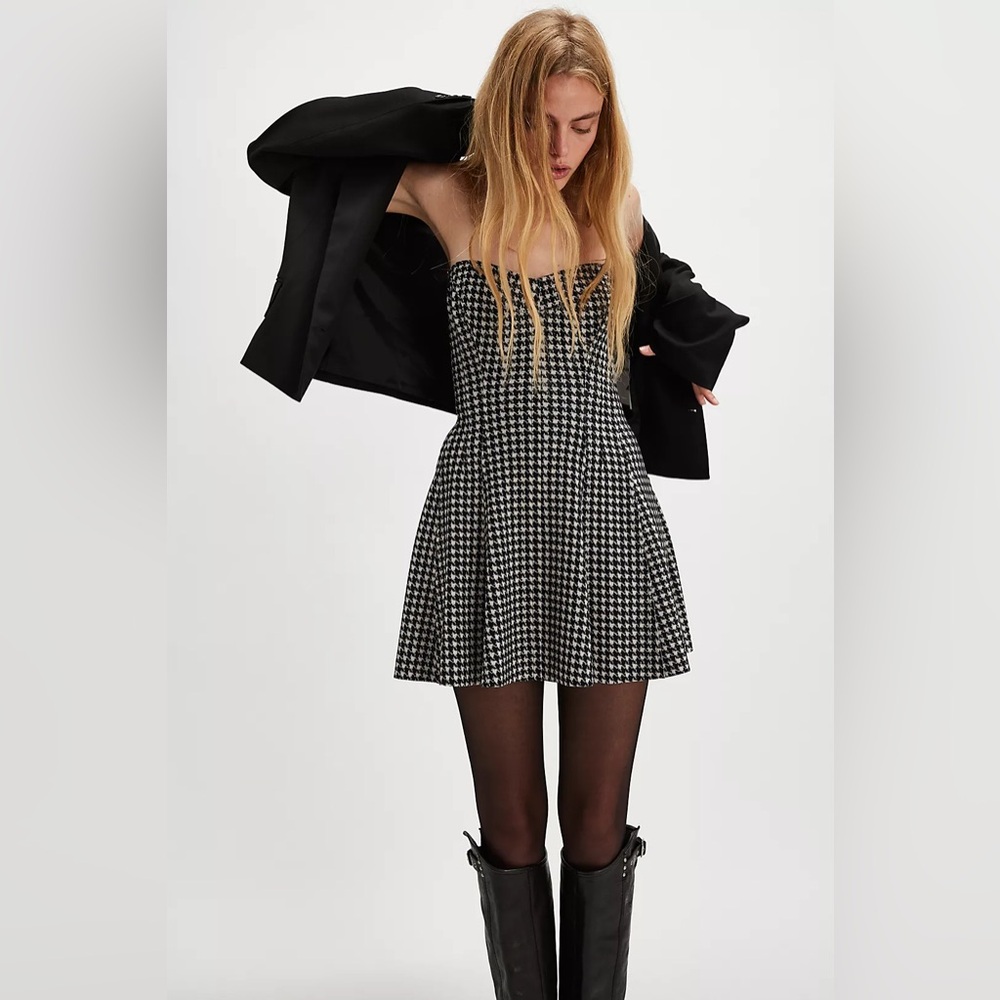 Free People Norma Kamali Grace Houndstooth Strapless Mini Dress